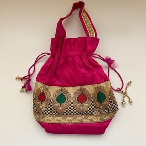 Rani Pink Green Gold Brocade silk Potli Bag indian Wedding ornate haldi wristlet